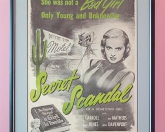 Hometown Girl (1948) movie poster "Secret Scandal of a Hometown Girl".  Professionally framed by Sherman Gallery, Venice, California.  Artwork under mat board is larger than what is visible. Visible artwork measures 25 ¾"x 38 ½". Frame measures  34 ⅜  x 47 ¼. 
Released by Don Kay Enterprises 
Director: W. Merle Connell
Writer: L.V. Jefferson (original story)
Stars: Devvy Davenport, Morgan Jones, Don Mathers 