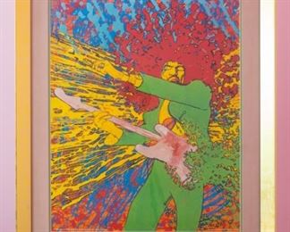 Jimi Hendrix 1971 "Explosion" poster designed by famed Australian artist Martin Sharp. Client reserves right to accept any bid at any time above reserve price of $995.  Click 'BUY NOW' to email us at info@vintagebayestatesales.com or call us at 615-971-1254. NOTE: Tripod reflection from our photography may show in photo. Artwork under mat board is larger than what is visible. Visible artwork measures 27 ⅛" x 32 ¼".  Frame measures  26 ½"  x 45 ⅞".  