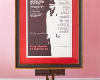 Iconic legendary 1983 Universal Studios Scarface movie poster starring De Palma, Al Pacino, Michelle Pfeiffer and Oliver Stone. Professionally framed by Sherman Gallery, Venice, California.  Artwork under mat board is larger than what is visible. Visible artwork measures 26 ½"x 40 ½ ".  Frame measures  39 ½  x 53 ½. 
Director	Brian De Palma, starring	Al Pacino, Steven Bauer, Michelle Pfeiffer, Mary Elizabeth Mastrantonio
Screenplay by	Oliver Stone