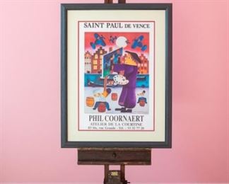Saint Paul de Vence Phil Coornaert Atelier de la Courtine poster.  Professionally framed by Sherman Gallery, Venice, California.  Artwork under mat board is larger than what is visible. Visible artwork measures 18" x 26".  Frame measures  27 x 35⅛".