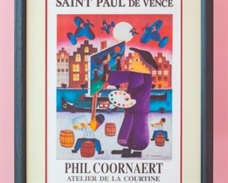 Saint Paul de Vence Phil Coornaert Atelier de la Courtine poster. Professionally framed by Sherman Gallery, Venice, California.  Artwork under mat board is larger than what is visible. Visible artwork measures 18" x 26".  Frame measures  27 x 35⅛".