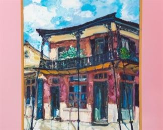 Framed oil painting by James Michalopoulos. Hand created label on back states "Michalopoulos" "New Orleans"  "Boston" with phone numbers for each city.   Canvas  measures 22" x 28".  