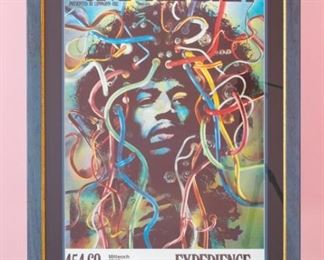 Jimi Hendrix Experience–1969 US Tour Merchandising Poster for 1969 German tour by German artist Gunther Kieser.   Tripod reflection in photo.  Artwork under mat board is larger than what is visible. Visible artwork measures 22 ⅝" x 33".  Frame measures  31 ⅛"  x 41 ⅜".  