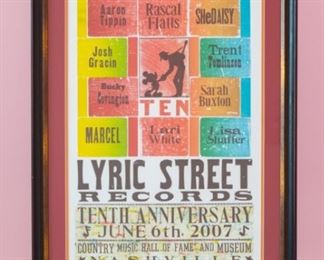 10th Anniversary Lyric Street Records Hatch Show Print June 6, 2007 Country Music Hall of Fame & Museum. Signed & marked #113/200.  Artwork under mat board is larger than what is visible. Visible artwork measures 16 ⅜" x 24".  Frame measures  22 ½"  x 30".  Only 200 Printed. Lyric Street was a DISNEY Music Label. MICKEY MOUSE Shaking Hands with Country Singer is Center Square Art.  RASCAL FLATTS and SheDAISY