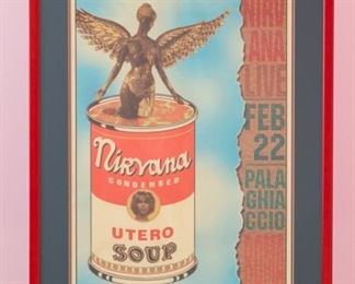 Nirvana Utero Soup Concert Poster Rome Italy 1994 Alessandro Locchi signed & numbered, Signed. 821/1000. Stamped "Living Eyes Images Al Essandro Locchi".  Artwork under mat board larger than what is visible. Visible artwork measures 19 ⅛" x 27 ¼".  Frame measures  26 ½"  x 34 ¾".  Campbell's style Soup label with ascending Angel. Condensed UTERO SOUP.  
