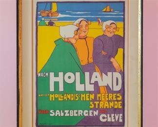 1914 Dutch travel poster.  Professionally framed by Sherman Gallery, Venice, California.  Artwork under mat board is larger than what is visible. Visible artwork measures 23  ⅞" x 32  ⅞ ".  Frame measures  31 ¾"  x 40  ⅝".   
A wonderful and very early Dutch travel poster from the time promoting the Dutch beaches like Scheveningen. "Nach Holland und dem Holländischen Meeresstrande über Salzbergen und Cleve" (To Holland and the Dutch seaside over Salzbergen and Cleve)
The poster depicts some Dutch women in local folklore costumes on the seaside. Lovely design and bright colors.