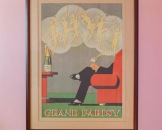 French liquor advertising art posterThe Grand Parisy. Professionally framed by Sherman Gallery, Venice, California.  Artwork under mat board is larger than what is visible. Visible artwork measures 26" x 30".  Frame measures  36 ½"  x 46 ½".   A vintage French liquor advertising art poster for Grand Parisy Champagne in France. It is entitled, ' Grand Parisy' and features a gentleman sitting back and enjoying a glass of Champagne while dancing nude female figures seem to 'bubble out of the bottle!'
Champagne is known world wide for its decadence, its romance, its elitism and its beauty and epitomizes the golden age of La Belle Epoque. It is a topic that has created timeless art posters which are now enjoying a revival in popularity over 100 years later.