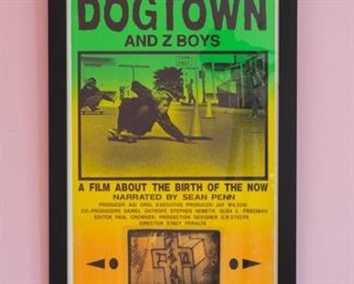 Dogtown and Z Boys movie poster starring Sean Penn, Jay Adams, Tony Alva, Tony Hawk, David Hackett. Professionally framed artwork under mat board is larger than what is visible. Visible artwork measures 13 ⅝" x 21 ⅞".  Frame measures  16"  x 24 ⅛".   Stacy Peralta's directorial debut. 