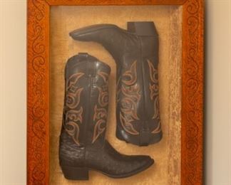 Justin Ostrich Cowboy boots in remarkable wooden display case.  Approx. 9.5 to 10 size and appear new. 