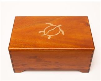 Handcrafted Koa wood box with sea turtle inlay. Made in Kauai, Hawaii