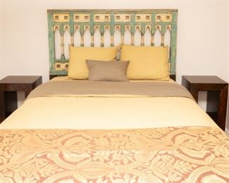 Queen headboard from a vintage banister purchased from India with custom metal square tubing bed frame.