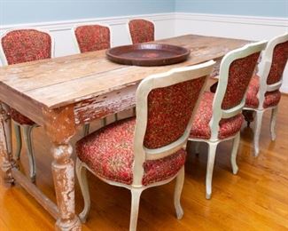 Same as previous photo. Farm Table + 6 upholstered chairs 77 1/2" long x  30 3/8" wide x 29" tall.  