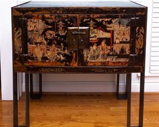 Asian cabinet with custom iron legs: 33 1/2" wide x 18 3/4" x 34" tall