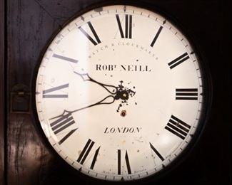 Same item as previous photo. Curio Victorian wall clock made by Robert Neil of London 21 ⅝" tall x 14" x 78 ⅞" tall.  