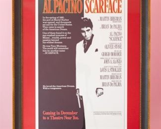 Iconic legendary 1983 Universal Studios Scarface movie poster starring De Palma, Al Pacino, Michelle Pfeiffer and Oliver Stone.  Professionally framed by Sherman Gallery, Venice, California.  Artwork under mat board is larger than what is visible. Visible artwork measures 26 ½"x 40 ½ ".  Frame measures  39 ½  x 53 ½. 
Director	Brian De Palma, starring	Al Pacino, Steven Bauer, Michelle Pfeiffer, Mary Elizabeth Mastrantonio
Screenplay by	Oliver Stone