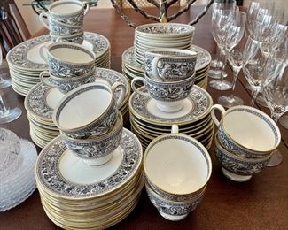 Item 35:  Wedgewood Florentine China Service for 12:  $800                                                                                                12 dinner plates, 13 salad plates, 13 teacups & 13 saucers, 12 berry bowls, 12 dessert plates, 12 soup bowls