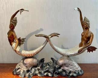 Item 1:  Extraordinary Erte bronze art sculpture displaying twin Greek Sirens on seashell pedestals. In Excellent condition. Measures at about 15" in length, 12.1" in height, and 6" in width. Signed "1988 Chalk & Vermilion and Seven Arts" next to base. Numbered "216/375" next to base: $4200