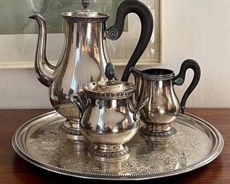 Item 41:  Vintage Christofle Malmaison Silverplate 3-piece tea set (tray is not Christofle but does match well!): $350                                                                                      
Tray - 13.5"                                                                                                            Teapot - 10"                                                                                                                  Cream - 5" & Sugar - 5.5"