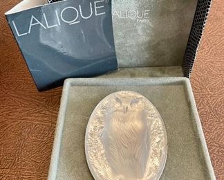 Item 62:  Rare and highly collectible Lalique Owl (Hibou) or chouette crystal pin brooch in its original Lalique fitted box - 2.75":   $345