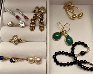Item 111:  14K & Ruby Earrings (1st row left):  $200                          
Item 112:  14K Earrings (1st row right):  $165                                   
Item 113:  14K & CZ Earrings (2nd row left):  $45                                                             Item 114:  14K & Sapphire Earrings (4th row left):  SOLD                                      Item 115:  14K & Pearl Earrings (4th row right):  $125                                   Item 116:  14K Earrings (top right):  $65                                                                             Item 117:  14K & Jadeite Earrings (middle right):  $85                                    