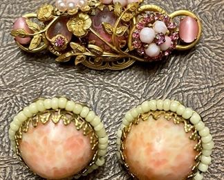 Item 118:  Vintage Pink Stone Pin (top):  SOLD                                                                                                            Item 119:  Miriam Haskell Clip Earrings (bottom): $145