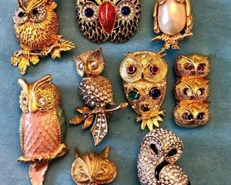 Jewelry Group U                                                                                             Mid Century Owl pins $12.00 each.