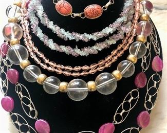 Jewelry # 19                                                                                                      Vintage large ball necklace $14.00                                                            Pink clear necklace $14.00                                                                      Flat pink stone oval necklace $16.00                                                   Ping scarab necklace $15.00                                                                   Pink and pale blue tumbled stone necklace $14.00