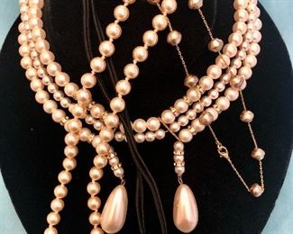 Jewelry #20                                                                                                        Vintage Pearls with drops $20.00                                                          Single strand of pearls $8.00                                                                    Pearls tin cup necklace $12.00                                                               Crystal heart of black cord $12.00