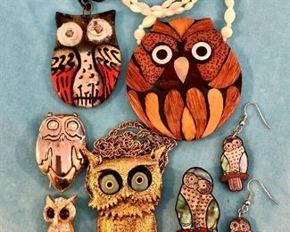 Jewelry #33                                                                                                           Rare Mr WEE, 1960 owl necklace $45.00                                        Mid Century wooden owl pendant on white glass beads $35.00                                                                                                                    Glass owl pendant...upper left...$18.00                                              Three piece mop earrings and own pin $20.00                                         Metal owl pin $10.00    or rhinestone pin...$15.00  both are signed.                                                                       