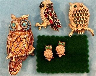 Owl pin pendant with turquoise eyes $15.00                             colorful owl pin $8.00                                                                                     Metal owl with green eyes $6                                                                   Pair of tiny owl pins with green eyes and pearl bodies $18.00