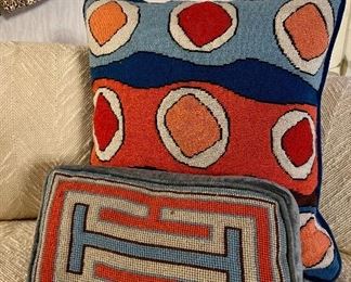 Item 216:  (2) Decorative Vintage Hooked Pillows:  $45                                                   12" x 7.5" & 16" x 16"  
