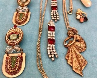 Bag 58: Vintage Red Stone Earrings: $10, Blue and Pearl Earrings $8, Blue Rhinestone Clip $6, Vintage Clip Dangle Earrings $6, Monet Chain and Cubic Zirconia Drop $10, 3 Stone Pendant $6