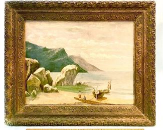 Very Large Antique Oil Painting of Harbor Scene Signed