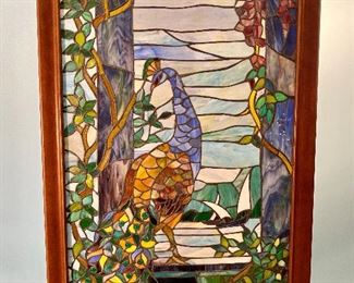 Stained Glass Peacock in Garden Scene