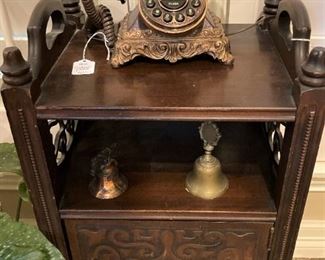 "Hello!"---fun old style phone; small antique table