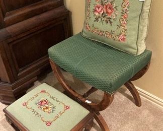 Small bench; needlepoint foot stool and pillow