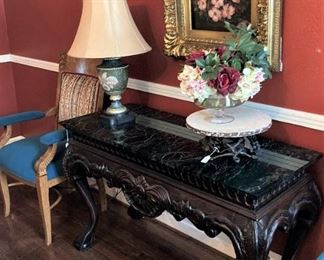 Marble top table; framed art