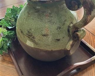 Large green & brown pitcher; wood & brass tray