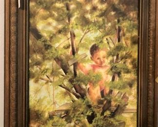 Oil framed art - child in a tree