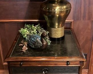 One of two fine looking side tables; brass lamp