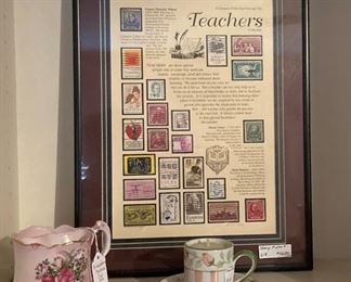 Framed art with "teacher" stamps