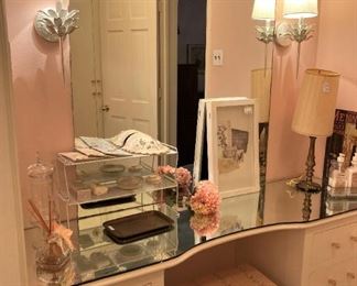 Vanity area for the pink and burgundy bathroom