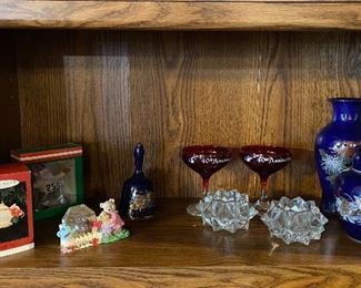 Hallmark Christmas Ornaments, 40th Anniversary Champaign Glasses Ruby Red, Crystal Candlestick Holders, Asian Vase & Ginger Jar