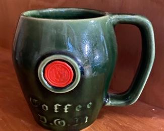 Vintage DOM McCoy Pottery Coffee Mug Cup Green with Red Seal