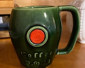 Vintage DOM McCoy Pottery Coffee Mug Cup Green with Red Seal