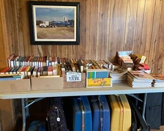 Assorted Books, Picture of Johnson Industries Truck, Vintage Luggage