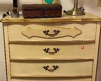 Five Drawer Chest of Drawers, (Lamp No Longer Available Family Item), Sunflower Pitcher Vase, Desk Lamp, Trinket Box