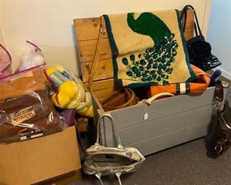 Blanket Chest, Assorted Purses, Peacock Wall Hanging, Assorted Yarn
