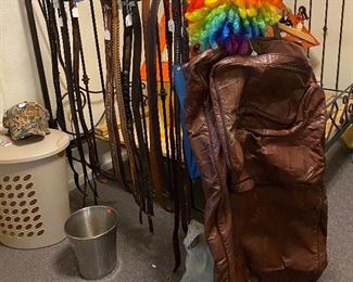Assorted Men's Hand Made Leather Belts, Hamper, Storage Bin, Leather Garment Bag, Wrought Iron Bed, Clown Wig, Wastbasket