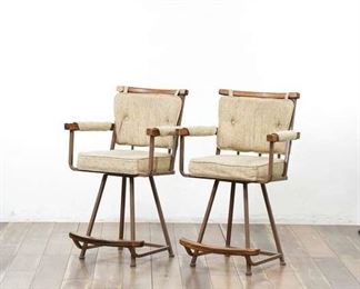 Pair Of Retro Upholstered Beige Swivel Barstools